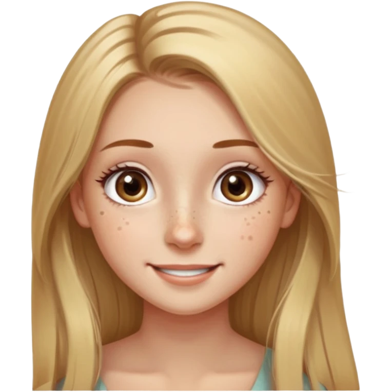 Girl with pretty long light hair and light brown eyes smiling with a few freckles and beauty mark by her check and by her eye on the other side and very long eyelashes and big wide ish eyes  emoji