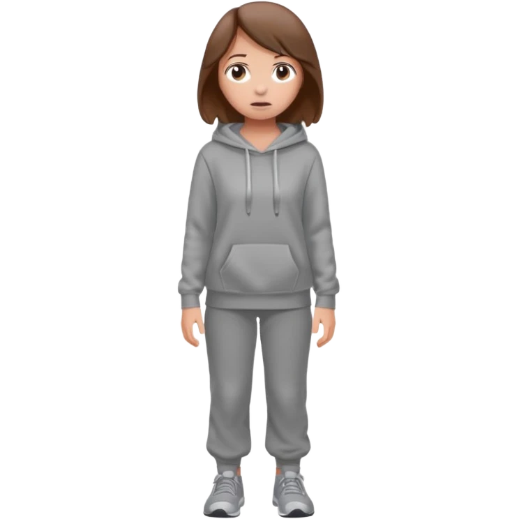 Chica grande  asustada de cuerpo completo mirado a la izquierda con pelo castaño pantalones grises y hoodie gris  emoji
