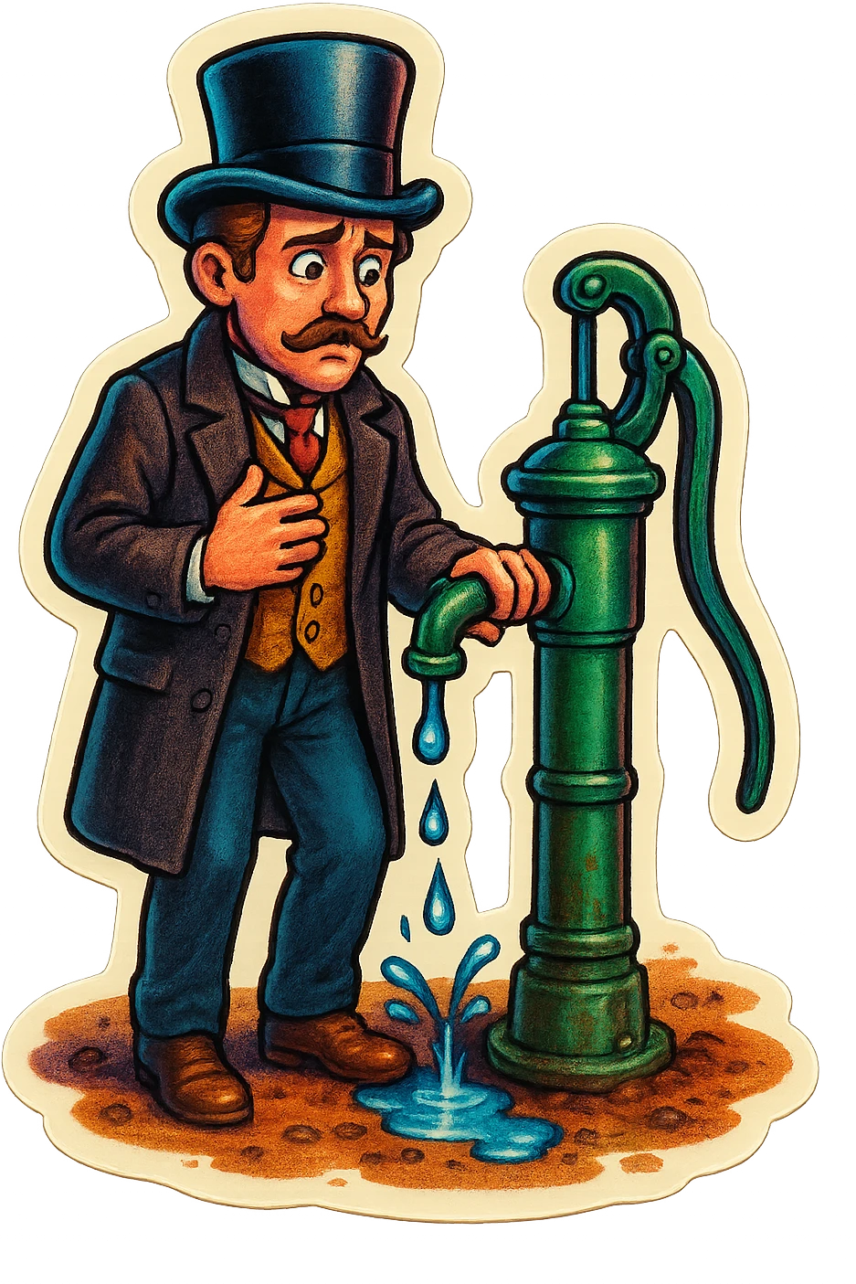 Victorian man with a broken water pump in a dirty street emoji
