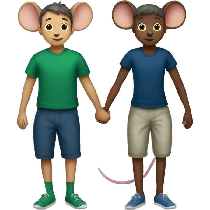 Two mice hold hands. one (boy) wears a dark blue T-shirt, the other (girl) wears a green leotard. no pants.  emoji
