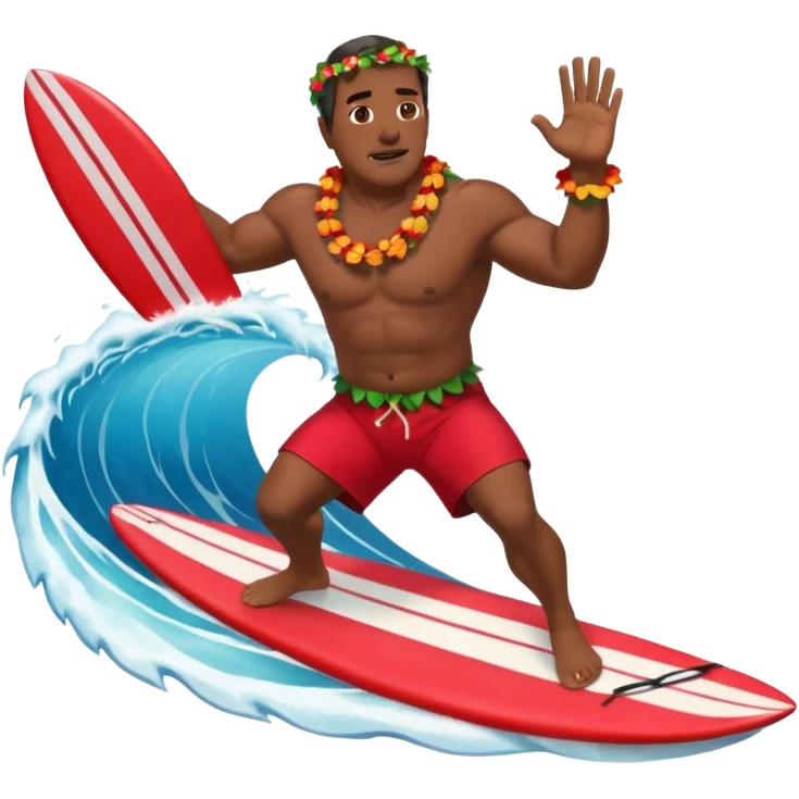 Dark Muscular 50 year old Hawaiian man with red shorts and a shell lei surfing a big wave emoji