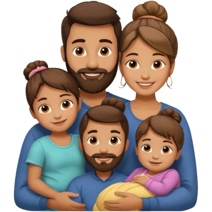 brown family of 5. mom has bun. dad has beard. teenage daughter. toddler son. and baby emoji