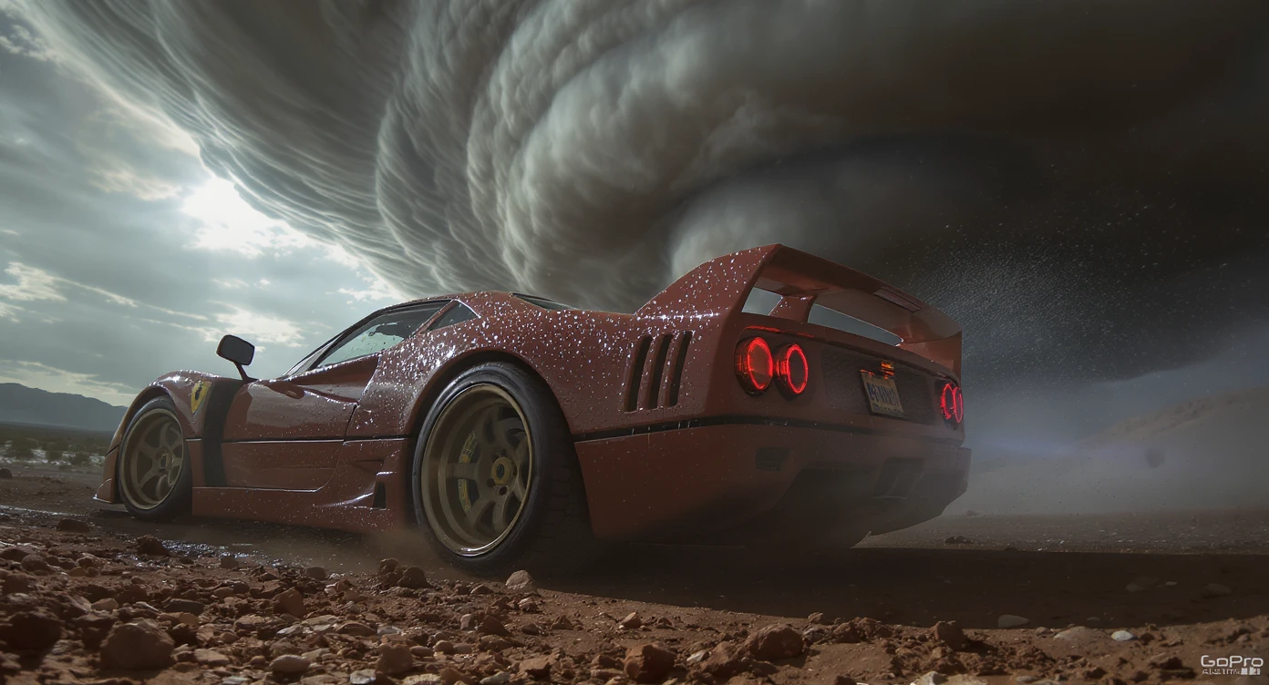 Cinematic still of a ferrari f40 around tornado od arizona desert, sun flare, captured by gopro hero with effect fisheye, water drops on car body, detailed, inspired by interstellar look, captured by a arri alexa emoji