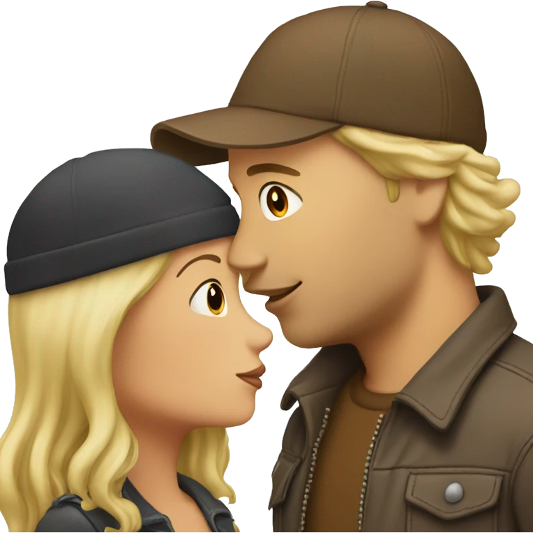 blonde guy with a brown beanig kissing brunette short girl emoji