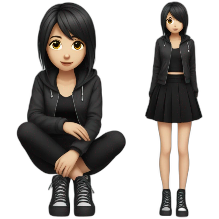 full body Front view emo girl sits on the floor black skirt emoji