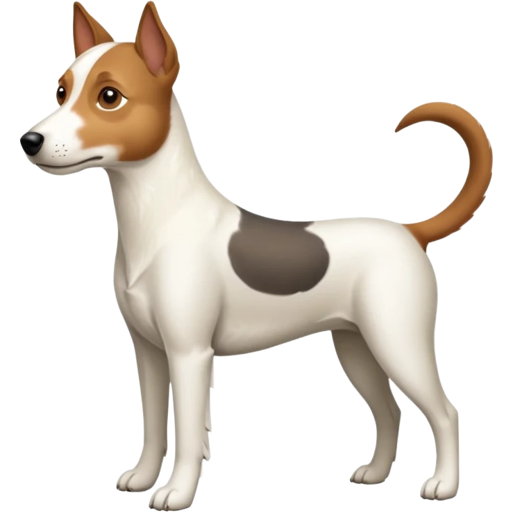 a full body large white parson russell looking dog the size of a kelpie with light brown ears and a light brown patch on one eye and a large snout emoji
