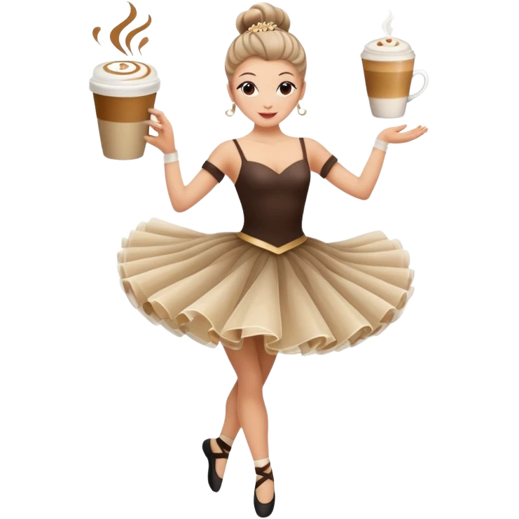 a twirling, tutu-wearing dancer with a coffee drink for a head; emoji