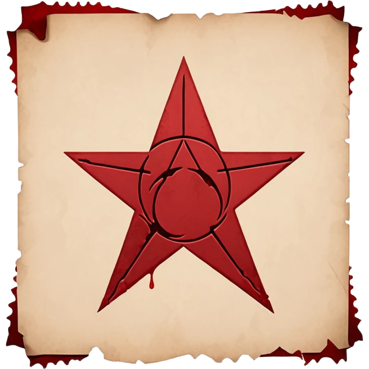 Minimalist emoji-style sticker of a blank torn contract with a pentagram stamp and drop of muted red ink. Gothic feel, flat design.
 emoji