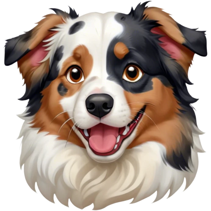 Cinematic Cute Yawning Calico Australian Shepherd Portrait Emoji, Head tilted slightly with a dramatic, wide-open yawn, predominantly white coat with vibrant black, tan, and red calico merle patches, floppy ears slightly drooping, round blue eyes barely open in drowsy contentment, Simplified yet irresistibly adorable features, highly detailed, glowing with a soft, cozy glow, high shine, relaxed yet expressive, stylized with a touch of whimsy, bright and endearing, soft glowing outline, capturing the essence of a sleepy yet affectionate pup, so drowsy it feels like it could stretch right out of the screen and curl up for a nap! emoji