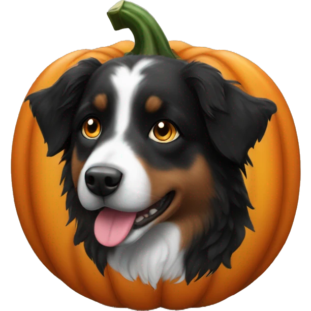 Small black australian shepherd dog in a pumpkin emoji
