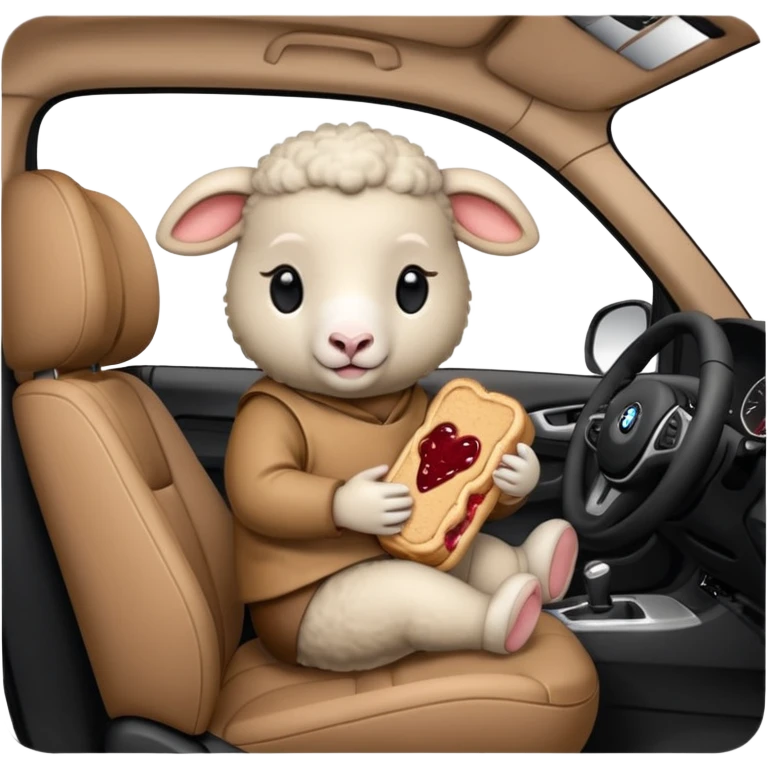 cute baby sheep eating peanut butter and jelly driving in a bmw x1, holding a peanut butter and jelly in hand emoji