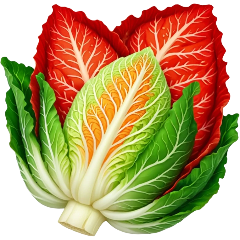 napa cabbage leaves, every surface covered in kimchi red seasoning, no green, no face emoji