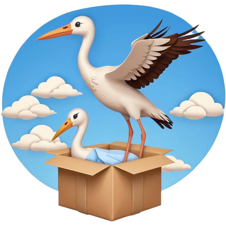 stork flying with a human baby in a bundle, paper craft style emoji