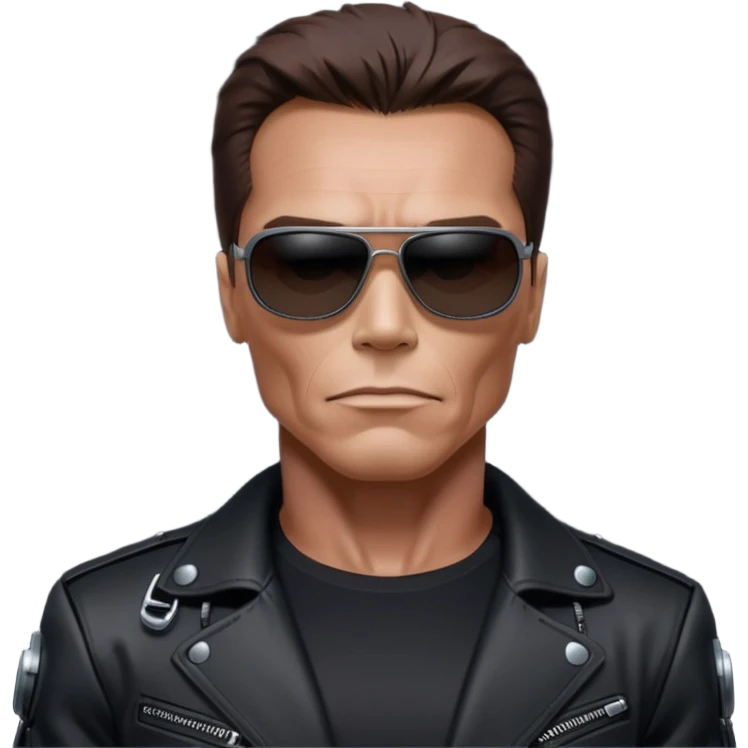 Schwarzenegger-like Terminator, upper body only, wearing his iconic clothes in black (all clothes must be black), looking human but with robotic details, and wearing dark sunglasses, hair must be dark
 emoji