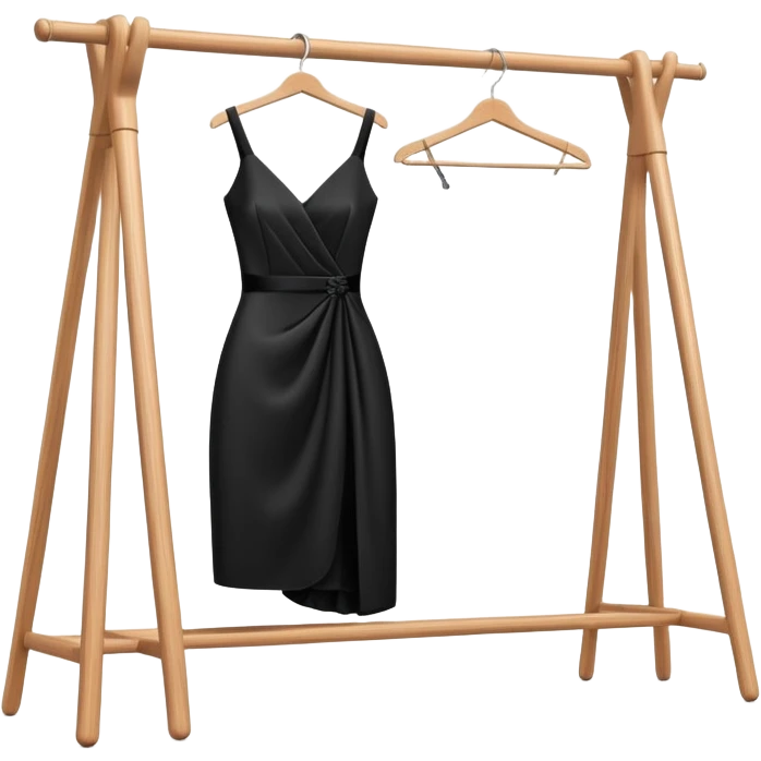 wooden clothes rack with a sleek black cocktail dress emoji