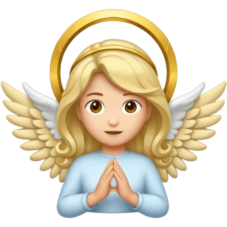 "Um emoji de anjo com cabelos loiros, um halo, asas, segurando um sinal de 'compartilhar' em letras em negrito." emoji