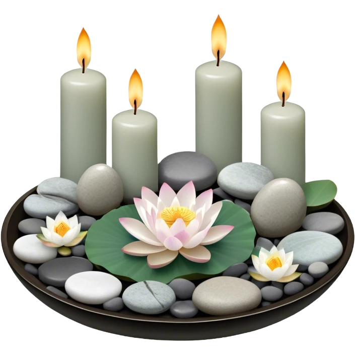 A photorealistic icon featuring lotus flowers, burning incense sticks with smoke rising, smooth round sea stones, and multiple small round candles arranged in a calming, tranquil setting. Soft, peaceful colors with detailed textures that evoke mindfulness and inner peace. Transparent background emoji
