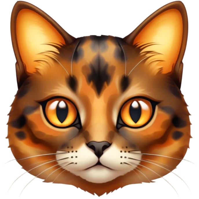 Cinematic Cute Tortoiseshell Cat Portrait Emoji, Head cocked sweetly with bright, curious eyes and a cuddly, mottled fur of rich browns and blacks, simplified yet charmingly adorable, highly detailed, glowing with a warm, gentle radiance, high shine, playful and endearing, styled with a dash of whimsical feline magic, soft glowing outline, capturing the essence of a cute tortoiseshell cat that seems ready to pounce with affectionate mischief! emoji