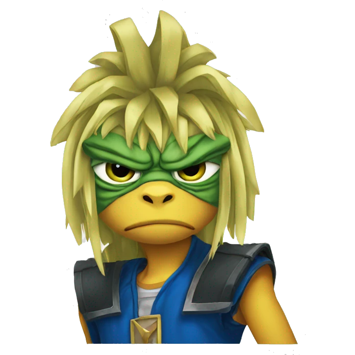 Pepe looking like yugi from Yu-Gi-Oh! with a duel disk looking sad emoji