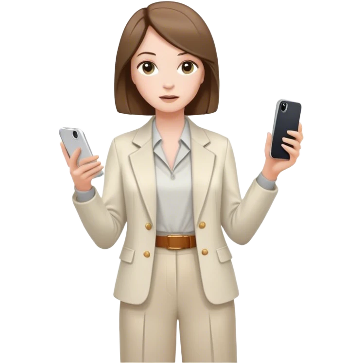 pale skin woman with brown Straightened bob Hair, White Spacious classical jacket, beige palazzo Arrow pants and gray blouse holding white IPhone 14 pro in the hands emoji