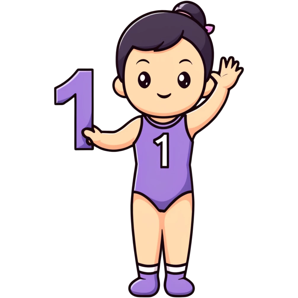 Girl in leotard holding number 1 emoji
