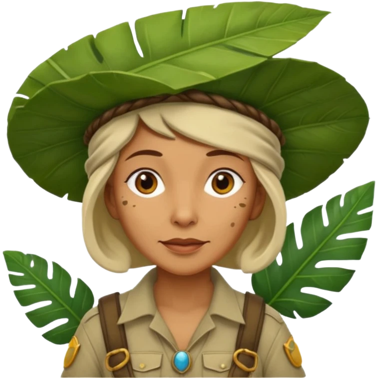 a old female explorer with jungle wearing a large leaf headgear bye  emoji