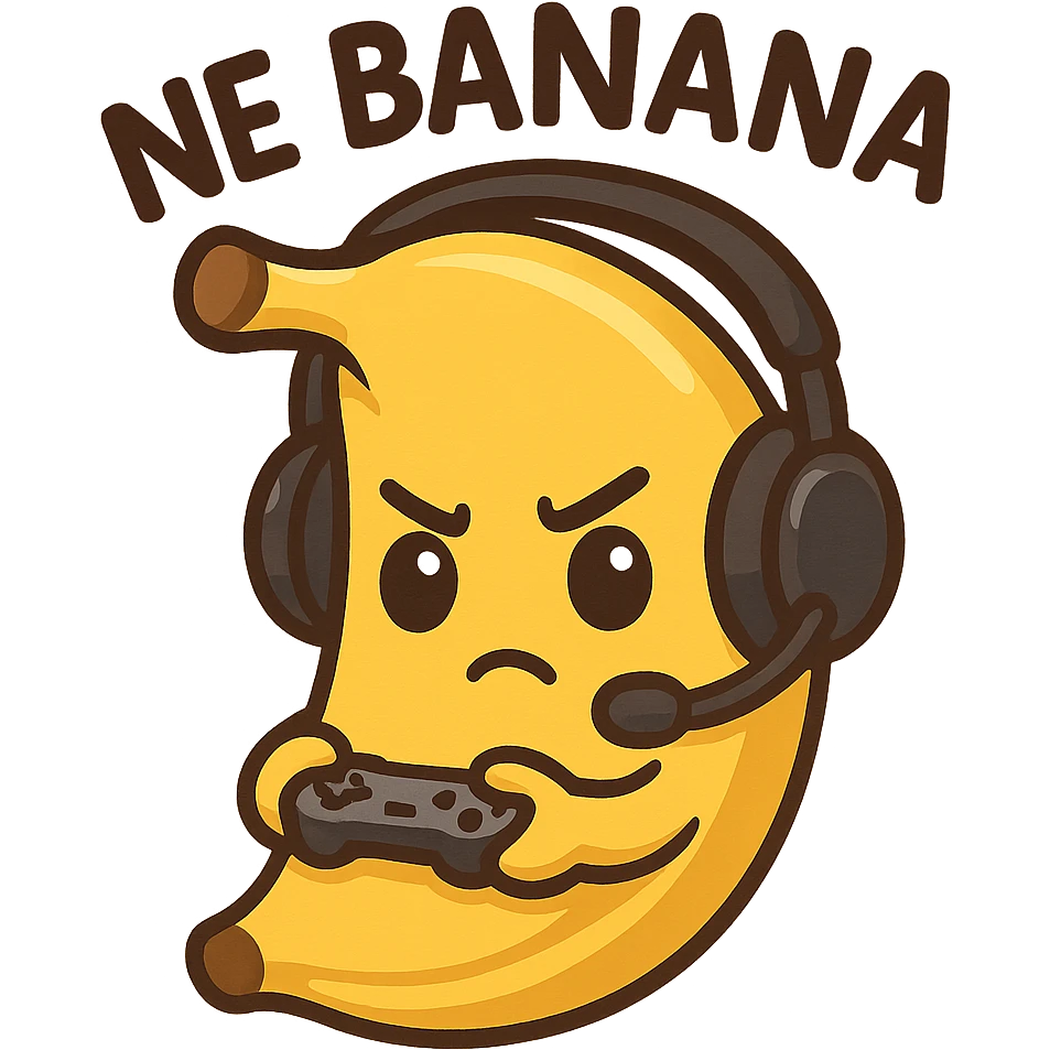 Cartoon banana wearing headset, holding tiny controller, focused expression, text above: "NE BANANA", chibi style, Twitch emoji style, transparent background, colorful emoji