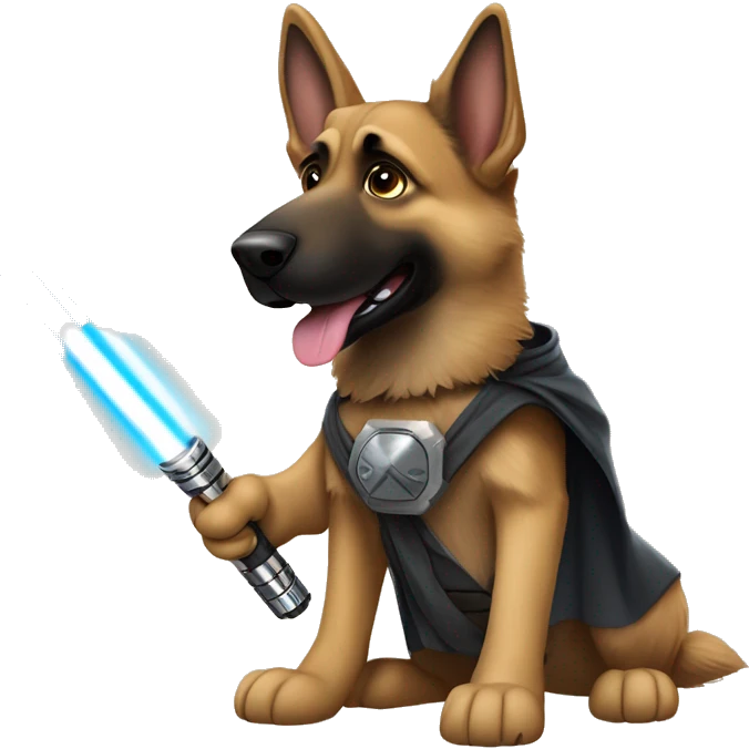 German shepherd dressed as Luke skywalker with a light saber emoji