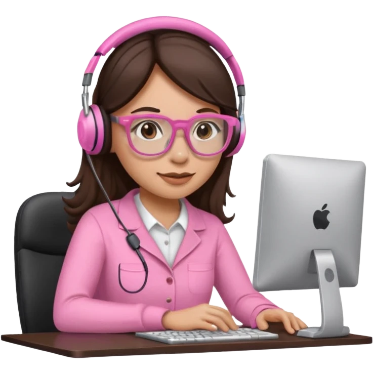 woman emoji with light pink glasses working on computer, light skin, long dark brown hair emoji