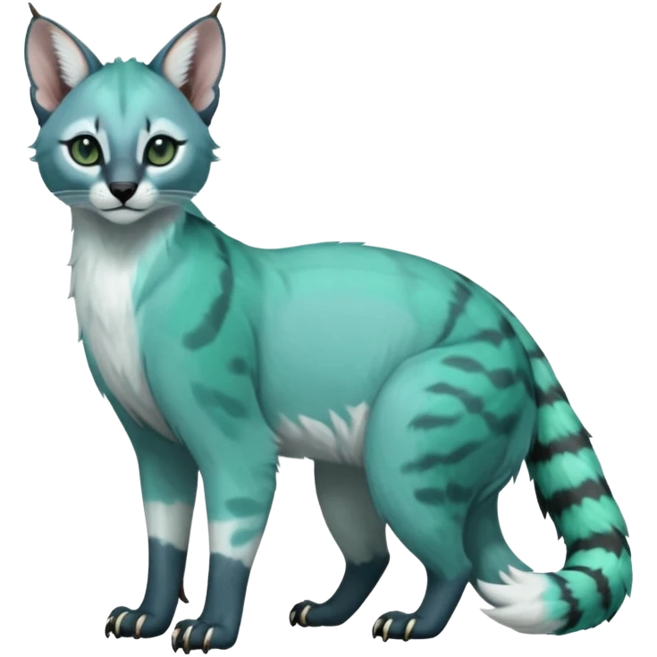 Colorful dark tropical pale light jade-green, mint-blue, whitish pastel white glorious divine exotic cute cool beautiful shiny beautiful fantasy-caracal-civet-genet-sergal-vernid-Gryphon-Cacomistle-Trico-oncilla-animal-Fakémon-hybrid-fursona (full body) emoji