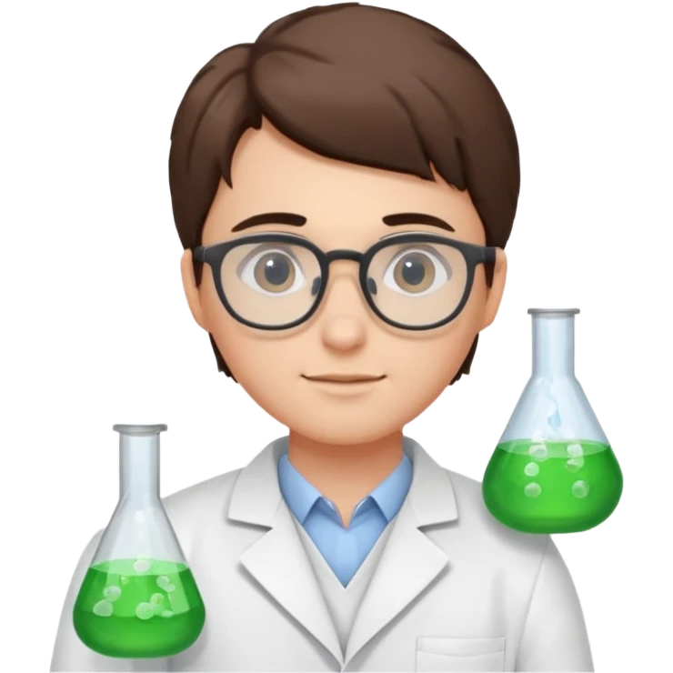 Portrait of a young scientist wearing a white lab coat, glasses emoji