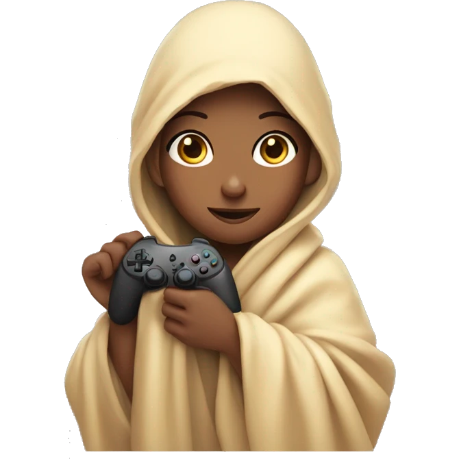 Girl wrapped up in a blanket with a gaming controller in her hands emoji