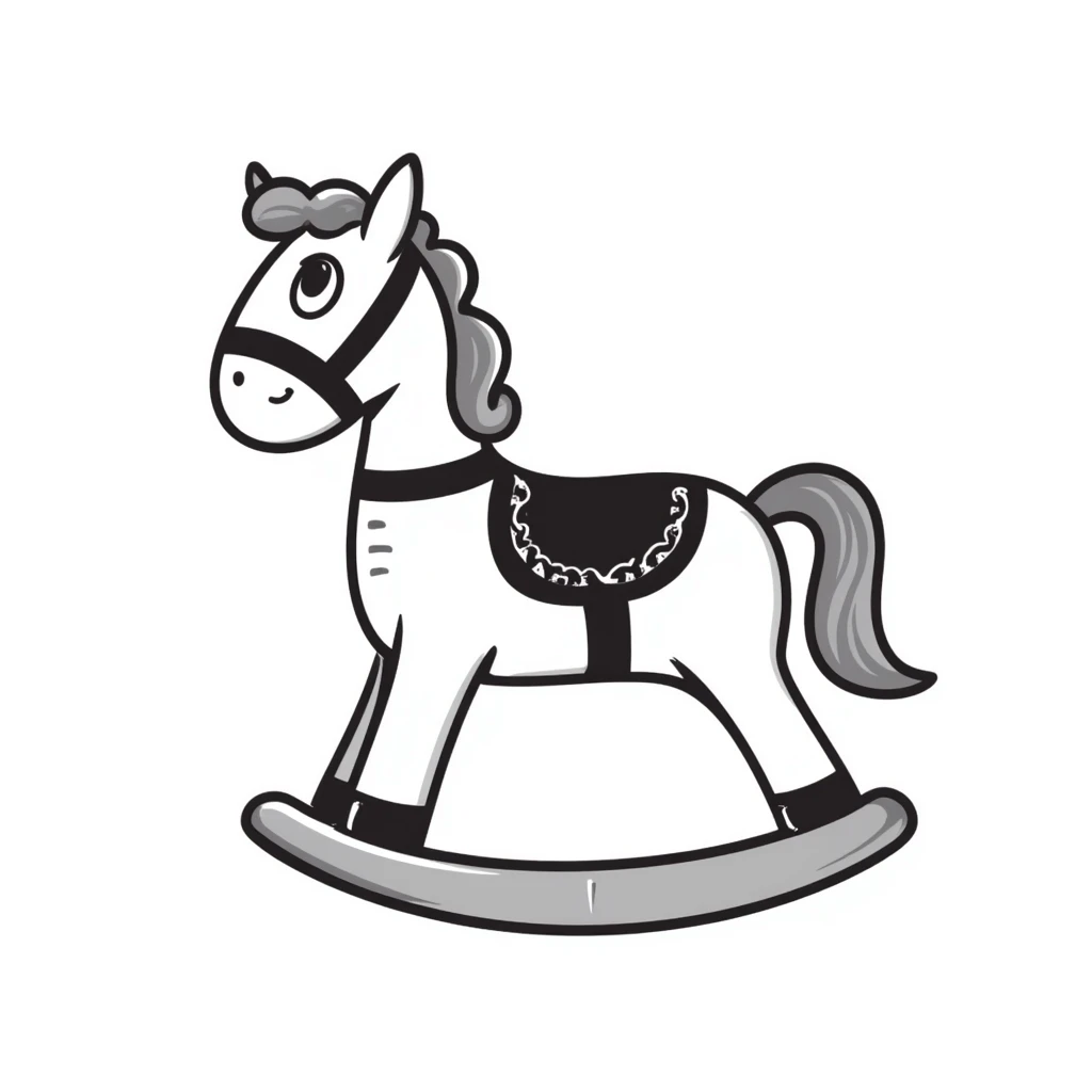 A hand-drawn toy rocking horse with western details and a cute face emoji