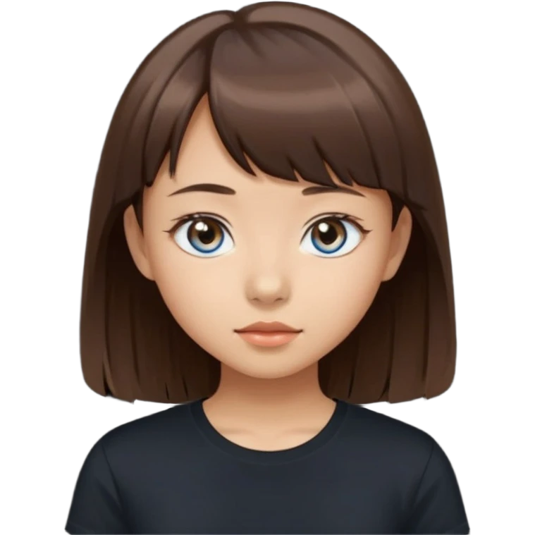 a girl with narrow Asian blue eyes, brown hair, and a small bang below her shoulders, wearing a black T-shirt emoji
