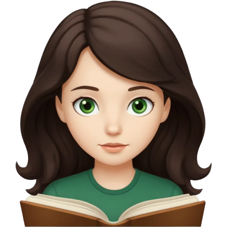 Long wavy dark brown haired, white skinned, dark green eyed girl reading a book emoji