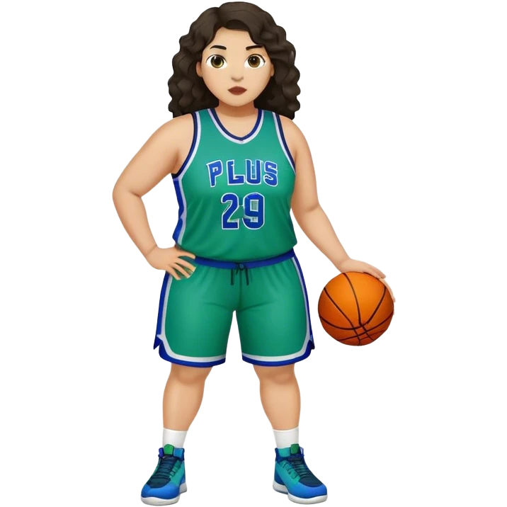 full body plus size light skin latino women basketball player with wavy dark hair large wide nose wearing blue with green uniform emoji