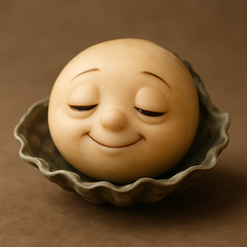 A cute oyster with a sleepy expression, half-closed eyes and a small smile, photorealistic style. emoji
