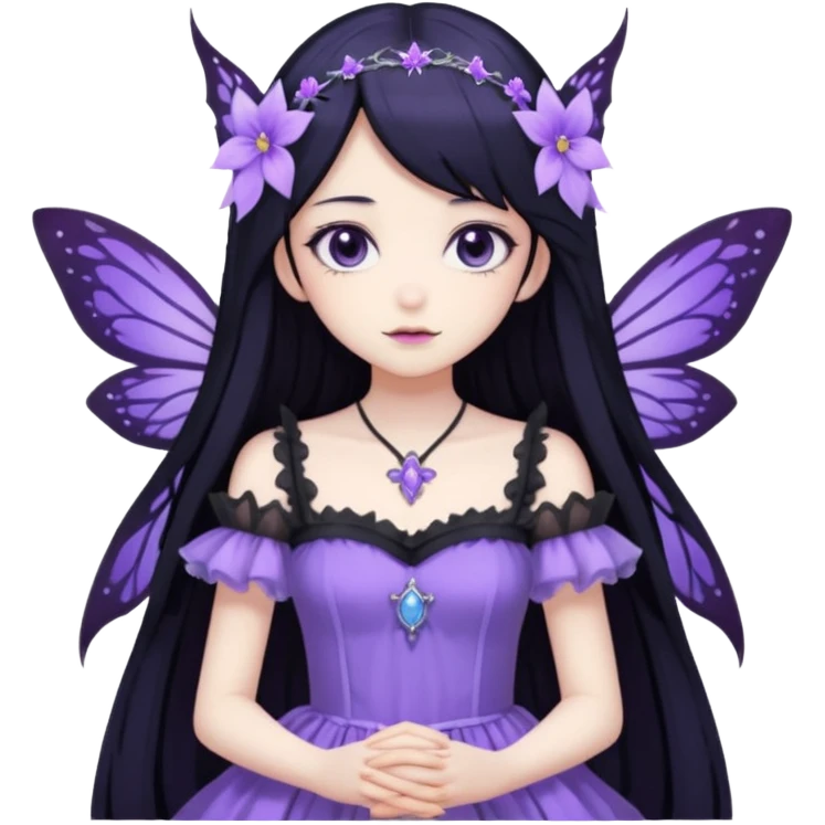 Gothic anime fairy with long beautiful black hair and violet dress, pastelcore, emoji