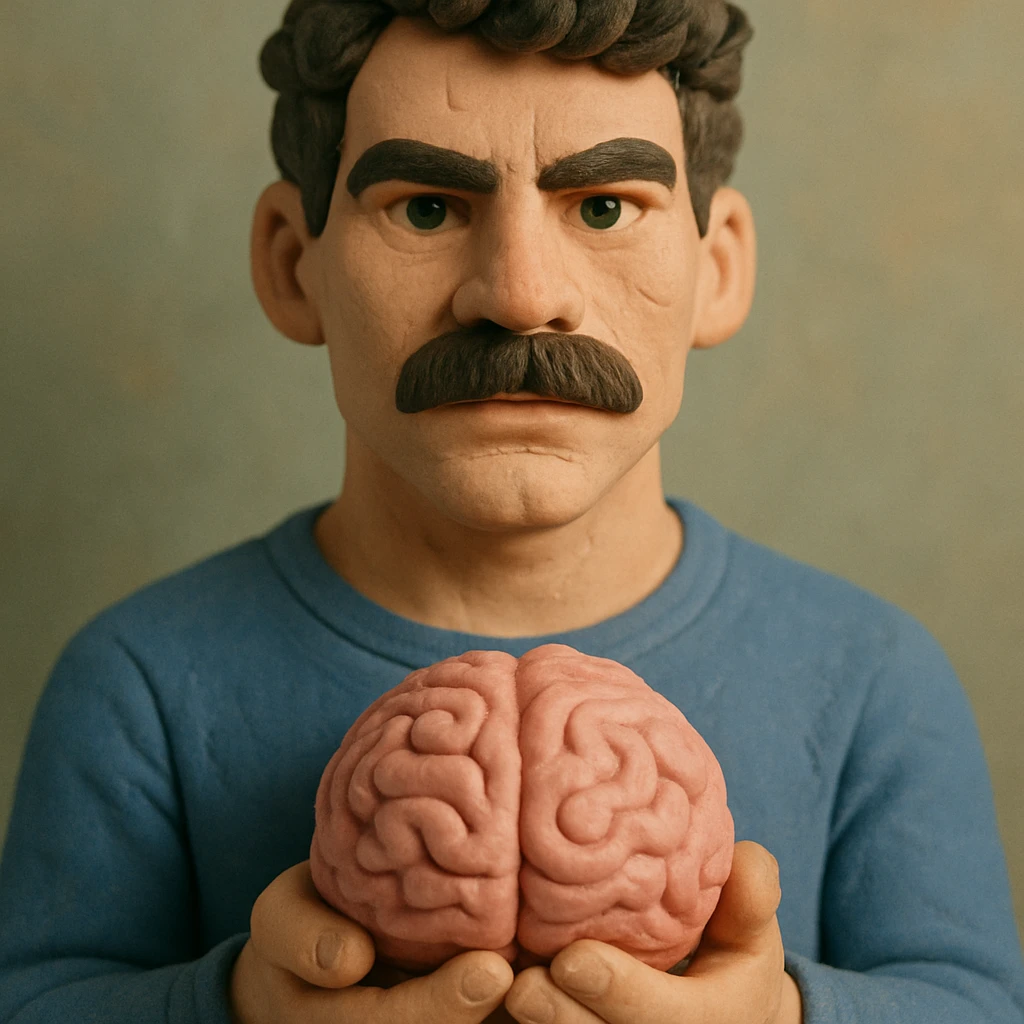 Make the claymation man holding a brain look younger with a more chiseled face, keeping the dark curly hair, thick mustache, light skin, and claymation style with visible fingerprints and pastel colors. emoji
