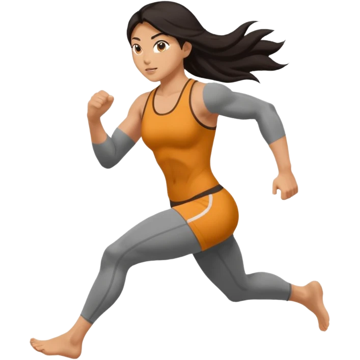 sexy and fully nude, asian muscled girl with long dark hair, running, nude feet emoji