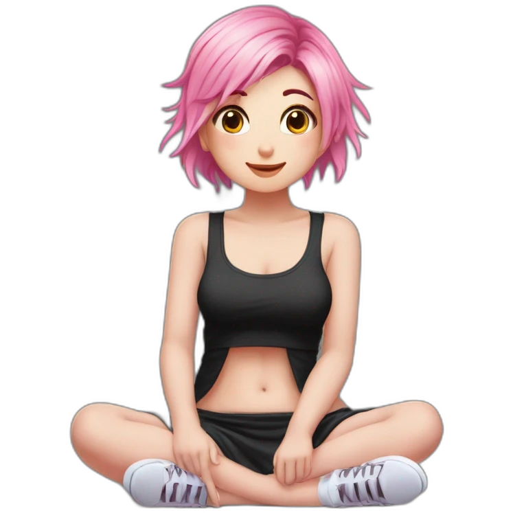 Full body Front view curvy emo girl pink hair sits on the floor straight view hands up black skirt белые трусики полосатые рваные чулки emoji
