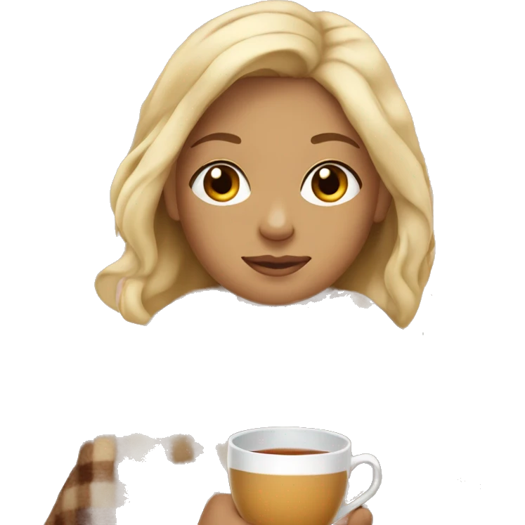 Blonde girl with tan skin wearing a blanket with a cup of tea emoji