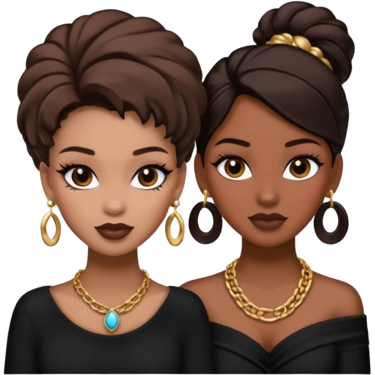 Boujy baddie best friends, trendy heavy makeup both dark hair one light skinned and one mocha brown pretty hair style both wearing black and earrings and necklace one mocha brown skin emoji