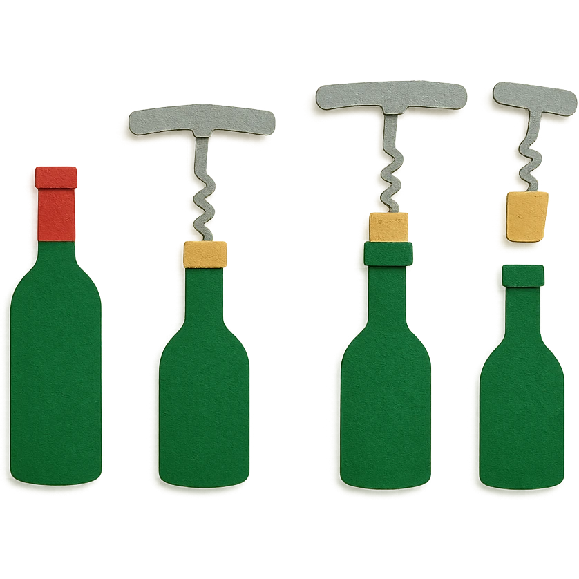 a single scene showing multiple sequential stages of steel wine bottle opening in paper craft style: capsule removal, opener insertion, cork pulling, cork fully removed, no background emoji