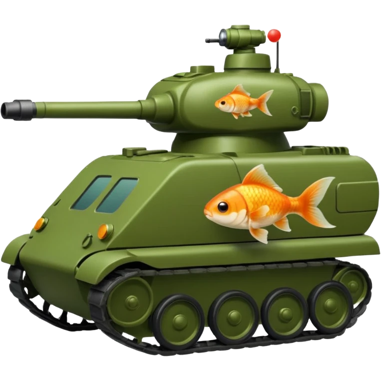 goldfish as tank commander in a green army tank, iOS emoji style emoji