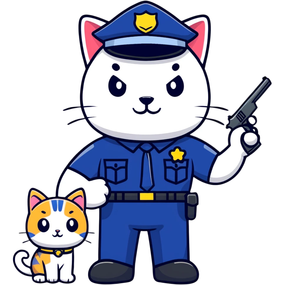a police officer standing next to a mischievous cat holding a toy gun emoji