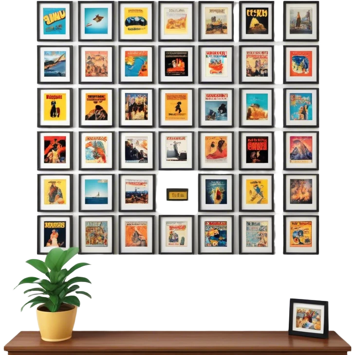 Icon for Photograph and Poster Collecting: a collection of photographs and movie posters, neatly displayed on a wall or in frames. The icon should evoke the nostalgia and artistic value of collecting rare images and posters. Transparent background. emoji