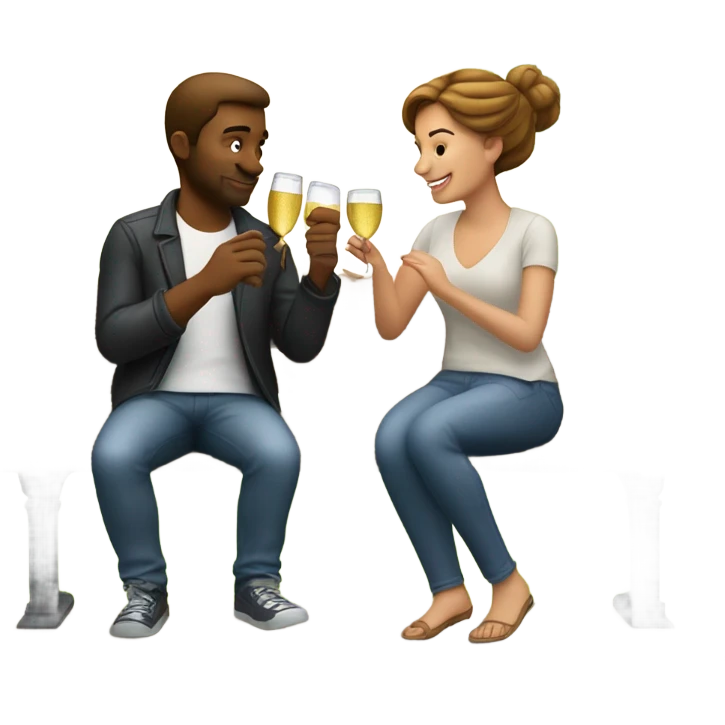 couple of white people with brown hair, sitting closely on a park bench, enjoying a romantic moment. One person is holding a croissant, and the other is holding a glass of Prosecco.  emoji