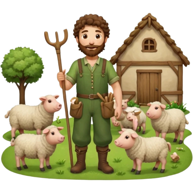 happy shepard with long curly brown beard and long curly brown hair, in green village outfit, with wooden shepard stick in hands, taking care of sheep and pigs emoji