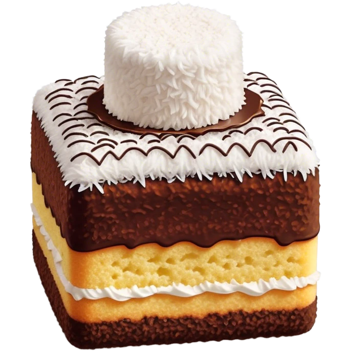 Lamington Cinematic Realistic Lamington Dessert Emoji, depicted as a sponge cake square coated in chocolate and dusted with coconut on all sides, rendered with lifelike textures and vibrant, tropical lighting. emoji